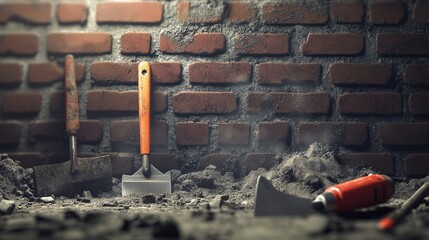 Poster - A 3D illustration showcasing a construction site with an unfinished brick wall, construction tools like a spade and drill, with dust and debris scattered around.