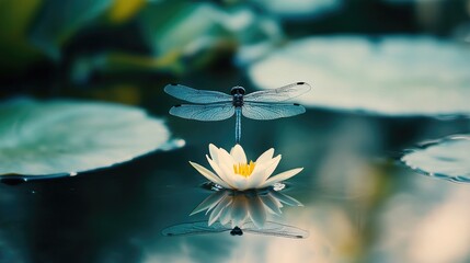 Poster - A beautiful dragonfly hovering just above a tranquil pond, its delicate reflection mirrored in the water, embodying nature's stillness.