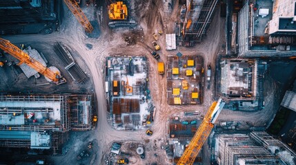 Aufkleber - A bird's eye view of a sprawling construction site, showing cranes, bulldozers, and loaders in action, highlighting the dynamic work environment.