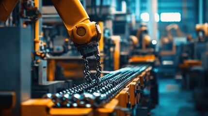 Poster - A busy industrial workshop with chain links in focus, surrounded by machinery, tools, and robots, emphasizing the precision of manufacturing.