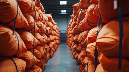 Poster - A clean warehouse with neatly stacked orange bags, illustrating order and productivity in storage and logistics management.