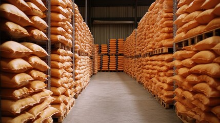 Poster - A clean warehouse with neatly stacked orange bags, illustrating order and productivity in storage and logistics management.