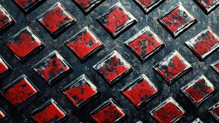 Poster - A close-up of a diamond plate surface, featuring a strong diagonal pattern of red, black, and white, representing industrial strength and texture.