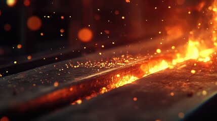 Poster - A close-up of a hot metal billet being shaped by intense heat on a production line, with glowing details capturing the fiery energy of the workshop.