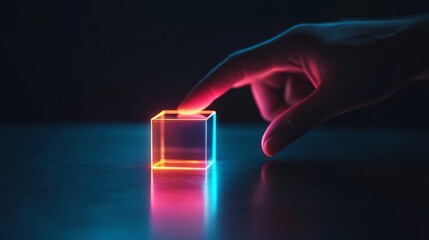 Poster - Neon Glow Cube Abstract Digital Art Modern Design Futuristic Technology Background Pink Blue Orange Light Hand Interaction Innovative Concept Creative