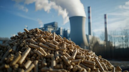 Poster - A close-up of a pile of wood pellets in the foreground, with a power plant subtly blurred in the background, symbolizing sustainable energy production.