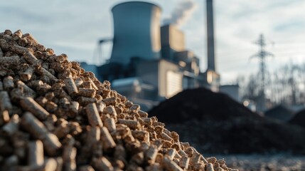Poster - A close-up of a pile of wood pellets in the foreground, with a power plant subtly blurred in the background, symbolizing sustainable energy production.