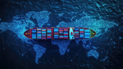 Poster - Global shipping network concept, cargo ship and air freight routes overlaid on a digital world map, international logistics and trade