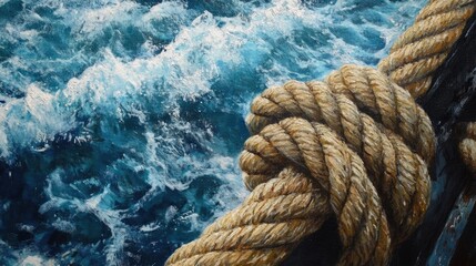 Poster - A close-up of a rope on a boat at sea, showcasing the intricate texture and knotwork of the rope with the ocean as a backdrop.