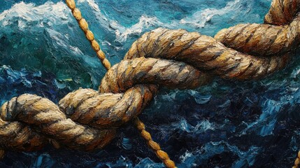 Poster - A close-up of a rope on a boat at sea, showcasing the intricate texture and knotwork of the rope with the ocean as a backdrop.