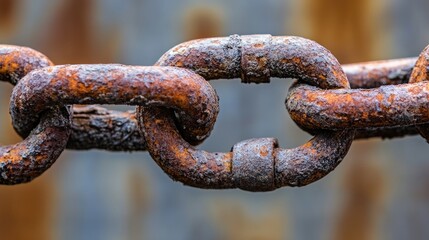 Poster - A close-up of a rusted chain hanging from a metal surface, showcasing the worn texture of both the chain and the surface, symbolizing decay and abandonment.