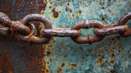 Poster - A close-up of a rusted chain hanging from a metal surface, showcasing the worn texture of both the chain and the surface, symbolizing decay and abandonment.