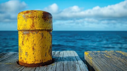 Poster - A close-up of a rusted yellow bollard on a wooden dock, showing the worn texture of the metal against the backdrop of the ocean and blue skies.