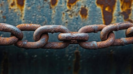 Poster - A close-up of a rusted chain hanging from a metal surface, showcasing the worn texture of both the chain and the surface, symbolizing decay and abandonment.
