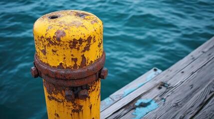 Poster - A close-up of a rusty yellow bollard on a wooden dock, with peeling paint and rust, reflecting the colors of the ocean and sky.