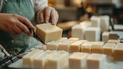 Poster - A close-up of a soap maker cutting fresh handmade soap bars, carefully packaging them with attention to detail and dedication to quality.