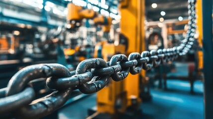 Poster - A close-up of chain links in the foreground of an industrial workshop, with machinery and robots working in the background, showcasing industrial design.