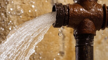 Aufkleber - A close-up of an old, rusty water pipe bursting, with water leaking out, showcasing the need for plumber services to fix the issue.