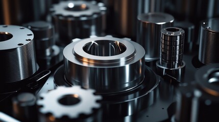 Poster - A close-up of metallic industrial components on a dark background, emphasizing their precise design and application in manufacturing and engineering.