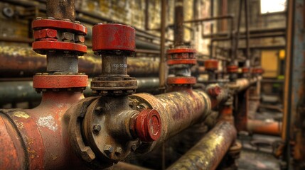 Aufkleber - A close-up of pipes and red valves in an industrial setting, emphasizing the machinery and mechanical engineering in the background.