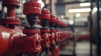 Aufkleber - A close-up of pipes and red valves in an industrial setting, emphasizing the machinery and mechanical engineering in the background.