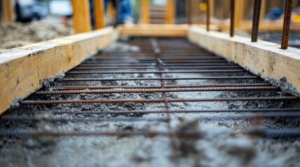 Poster - A close-up of rebar and formwork set in a foundation pit, ready for concrete pouring, emphasizing the precision of the construction process.