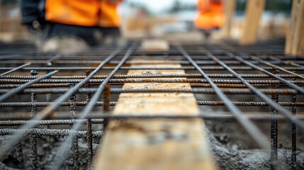 Poster - A close-up of rebar and formwork set in a foundation pit, ready for concrete pouring, emphasizing the precision of the construction process.