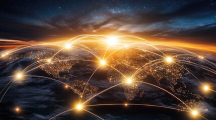 Poster - International trade finance, secure blockchain payments visualized with global connectivity.