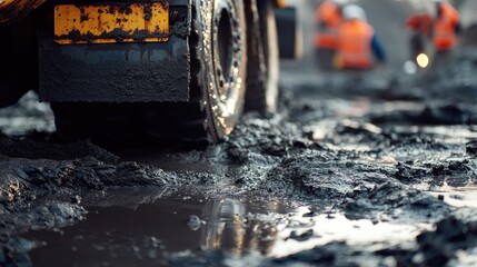 Poster - A close-up of wet concrete being poured from a concrete mixer truck, capturing the foundation work in progress on a construction site.