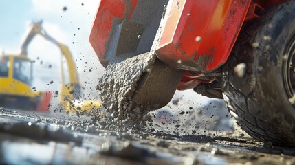 Poster - A close-up of wet concrete being poured from a concrete mixer truck, capturing the foundation work in progress on a construction site.