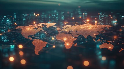 Poster - Maritime, air, and land freight network, interconnected trade visualization over a futuristic world map, supply chain logistics