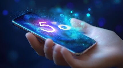 Poster - Modern digital business powered by G, smartphone in hand glowing with fast-speed signals.