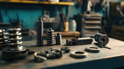 Poster - A close-up shot of metal springs and mechanical tools on a workbench in an industrial workshop, showcasing the craftsmanship of metalworking.