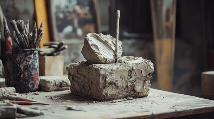 Aufkleber - A close-up shot of sculpting tools immersed in a block of clay, set on a workbench, showcasing the raw and intricate process of creating art.