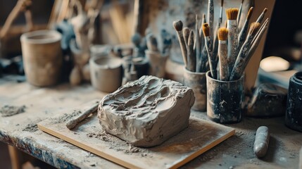Aufkleber - A close-up shot of sculpting tools immersed in a block of clay, set on a workbench, showcasing the raw and intricate process of creating art.