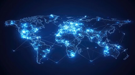 Poster - Next-gen payment networks, interconnected digital currency exchanges over a world map.