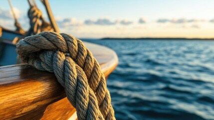 Aufkleber - A close-up view of a rope tied on a boat, with the sea in the background, showing the texture and craftsmanship of the rope against the natural seascape.