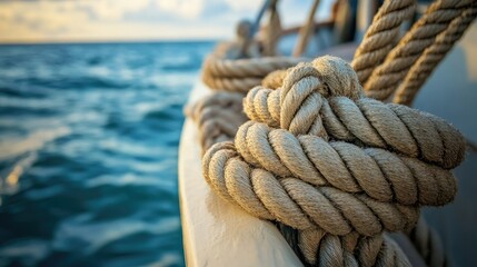 Aufkleber - A close-up view of a rope tied on a boat, with the sea in the background, showing the texture and craftsmanship of the rope against the natural seascape.
