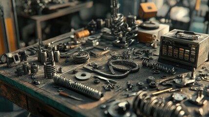 Aufkleber - A close-up view of an industrial workshop workbench, filled with metal springs and tools, capturing the intricate detail and craftsmanship of mechanical work.