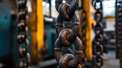 Poster - A close-up view of heavy metal chains hanging in an industrial workshop, with steel machinery and equipment in the background, showcasing their rugged texture.