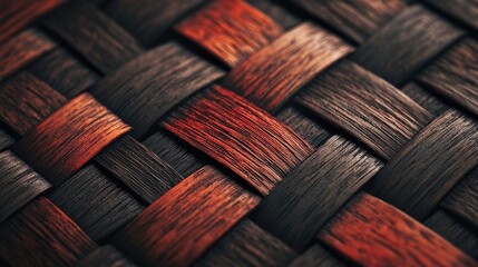 Poster - A close-up view of interwoven wooden blocks in shades of dark brown and reddish-brown, creating a textured, intricate pattern.