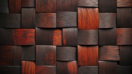 Poster - A close-up view of interwoven wooden blocks in shades of dark brown and reddish-brown, creating a textured, intricate pattern.