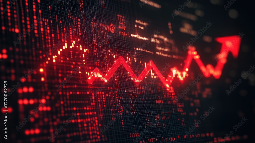 Red arrow breaking through digital finance charts, world map fading ...