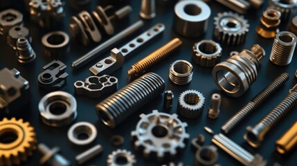 Poster - A collection of metallic industrial components, including gears, bolts, and fasteners, displayed on a dark background, highlighting the shapes and textures.