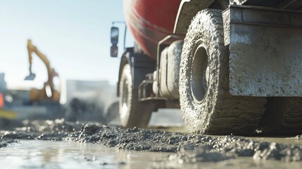Poster - A concrete mixer truck is shown pouring wet concrete to form a foundation, captured in a close-up shot with concrete flowing smoothly.