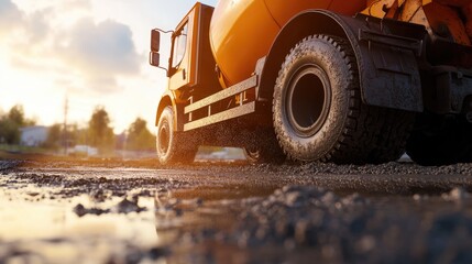 Poster - A concrete mixer truck is shown pouring wet concrete to form a foundation, captured in a close-up shot with concrete flowing smoothly.