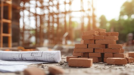 Poster - A construction site featuring stacked bricks, scaffolding, and blueprints, symbolizing the careful planning and progress in house building.