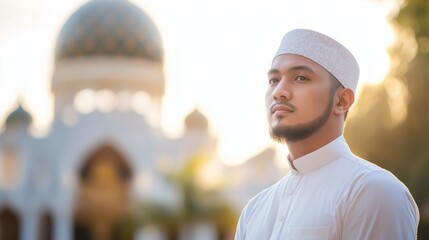 Poster - Under the warm hues of twilight, a young Muslim man dressed in traditional prayer attire engages in a moment of deep reflection, showcasing his faith against an elegant mosque backdrop