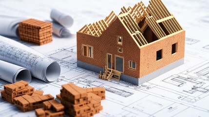 Poster - A construction site showing bricks, blueprints, and the skeletal frame of a house, highlighting the connection between design and execution.