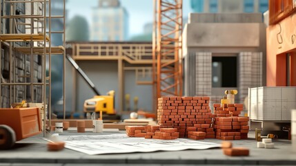 Poster - A construction site with bricks stacked, blueprints spread out, and scaffolding set up, illustrating the stages of building a home.